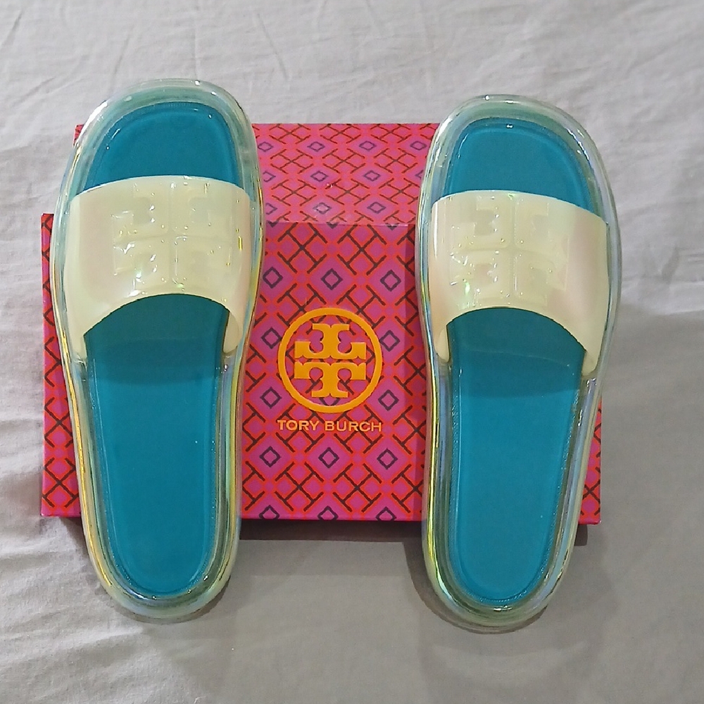 Tory Burch Iridescent Tuscan Sea (Teal and Cream Slides) Bubble Jelly Sandals